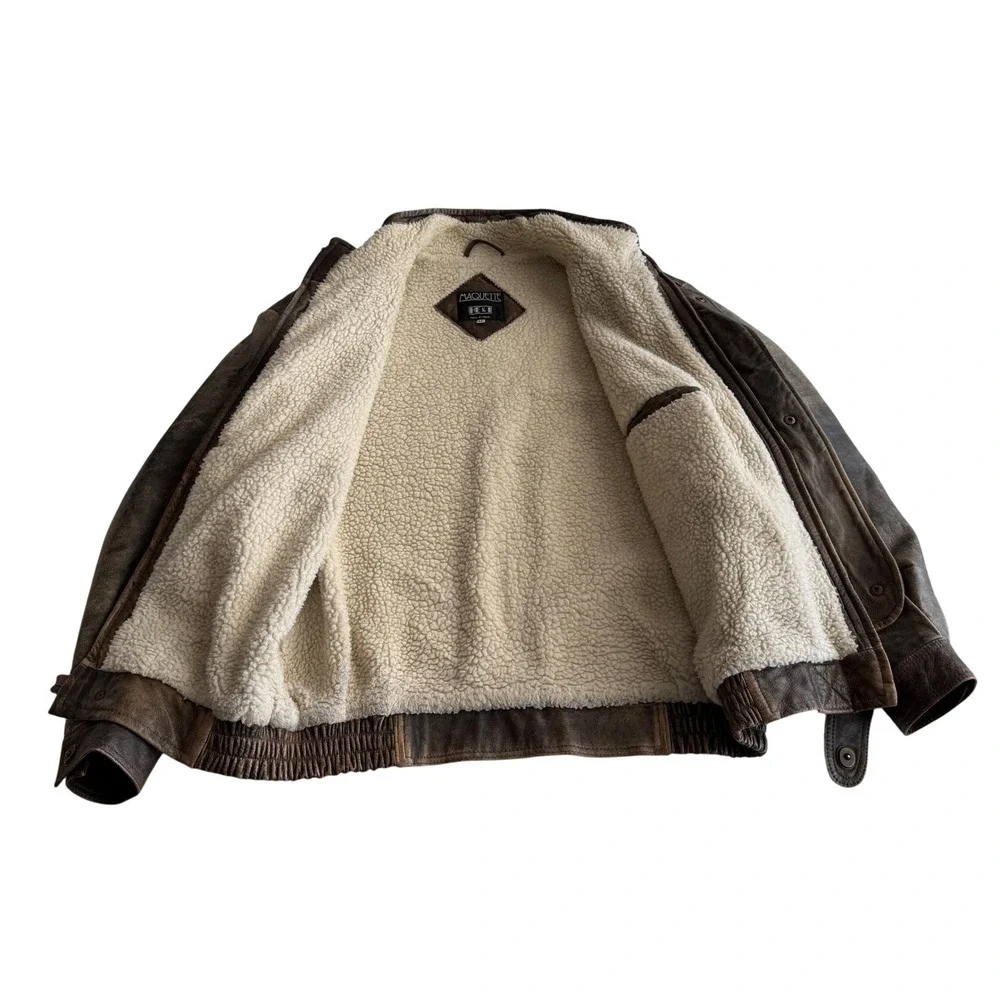Maquette VTG Distressed Brown Leather‎ Sherpa Fleece Lined Bomber Jacket sz 44
